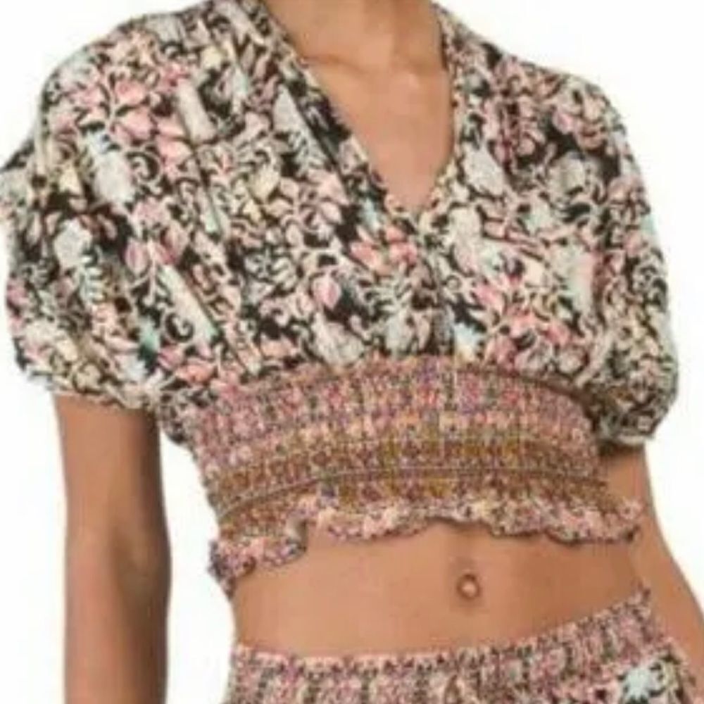 Rachel Zoe Womens‎ Crop Top Boho Black Floral V Neck Size S C49